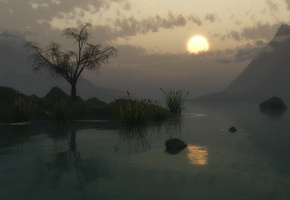 Закат, горы, дерево, озеро, солнце, камыши, сумерки