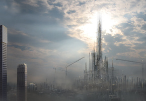 здания, samburley, Арт, туман, небоскребы, город, стройка