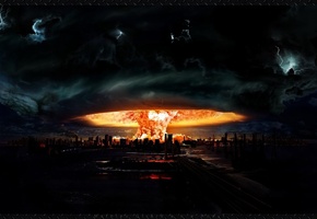 Арт, гриб, ядерный, рисунок, взрыв, город. пламя