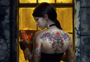 серьги, украшения, брюнетка, окно, книга, тату, Декушка