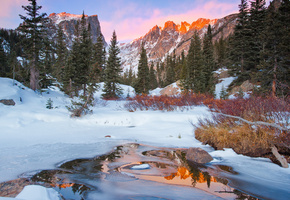 река, зима, Природа, горы, лес