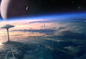 звёзды, Арт, космос, будущее, город будущего, планета