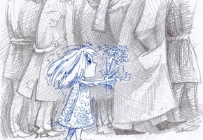 девочка, Рисунок, ребенок, взрослые, букет