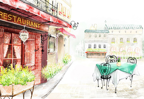 ресторан, здания, улица, столик, Город, цветы, рисунок