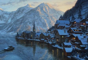 alps, town, austria, lushpin, Eugeny lushpin, painting, mountain, hallstatt, lake, village