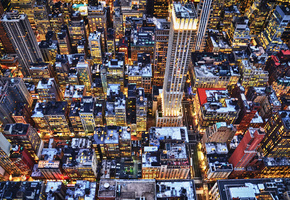 огни, небоскребы, Нью-йорк, вечер, крыши, зима, здания