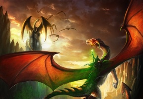 всадник, скалы, посох, alayna, маг, драконы, Арт, магия