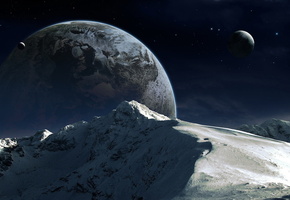 Планета, снег, спутник, горы