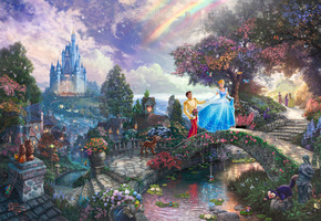 Cinderella wishes upon a dream, walt disney, animated, thomas kinkade, film, art, painting