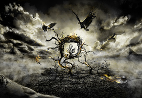 тучи, борьба, мрак, Gothic, паук, птицы, дерево, огонь