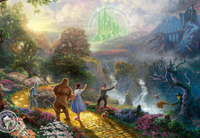 Dorothy discovers the emerald city, thomas kinkade, fantasy, painting, the wizard of oz, film
