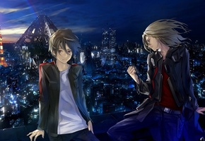 ouma shu, ветер, Guilty crown, парни, tsutsugami gai, город, огни, ночь