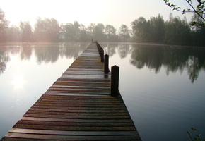 мост, туман, Озеро