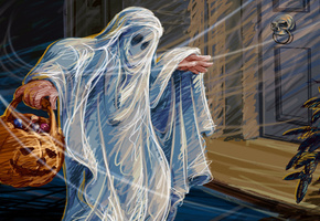 Halloween, тыква, призрак, дверь, фонарь