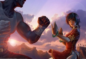 Бой, art, солнце, девушка, цветок, китай, закат, рисунок