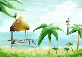 пальмы, птица, море, хижины, пляж, домики, Рисунок