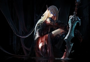 меч, World of warcraft, уши, эльфийка, девушка, chenbo, арт, эльф