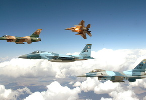 полет, Истребитель, в небе, f-16 fighting falcons, f-15 eagles, самолет