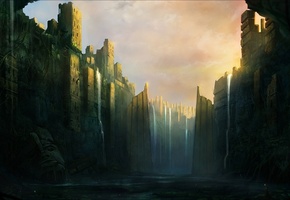 голова, blinck, река, руины, водопады, Арт, город, статуя