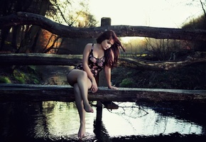 природа, деревянный, мостик, Девушка, водоём