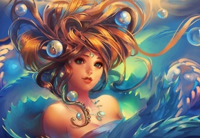 пузыри, Арт, украшения, sakimichan, девушка, под водой