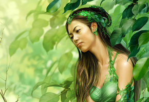 Арт, листья, tang yuehui, азиатка, девушка, деревья, лес