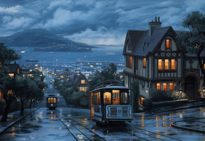 street, landscape, lushpin, port, painting, city, An evening journey, evening, eugeny lushpin