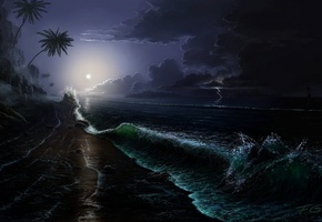 луна, корабль, волны, fel-x, море, Арт, остров, ночь