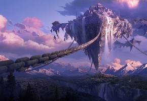 zhang yixin, летающий остров, горы, Арт, лес, каньон, город