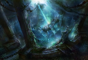 Арт, лед, кристалл, статуя, здание, птица, магия, rong rong