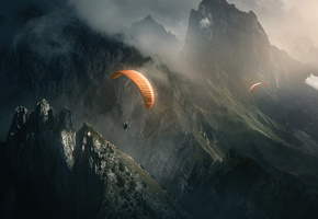 полет, горы, туман, Парашют, скалы, природа