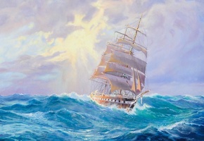 парусник, волны, корабль, море, Adolf bock