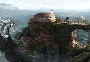 флаги, мост, всадник, город, горы, Арт, дракон