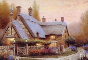 картина, коттедж, лето, кинкейд, Thomas kinkade, домик, цветы