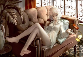 izayoi sakuya, часы, девушка, диван, горничная, Touhou, комната