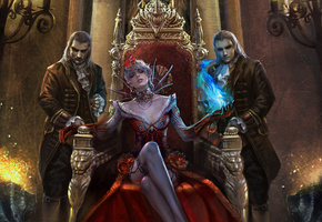 двое мужчин, украшения, трон, Королева, красное платье