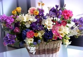 красивые, разные, букет, корзинка, Цветы, ранункулюс