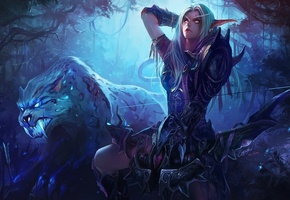 эльф, клыки, world of warcraft, chenbo, зверь, тигр, Арт, эльфийка