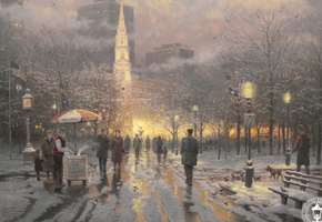 usa, flag, lights, birds, dog, building, art, boston, city, Boston celebration, thomas kinkade