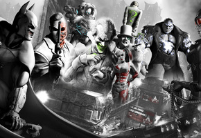 Batman arkham city, пингвин, персонажи игры, женщина-кошка