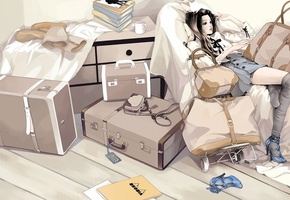 Арт, сидит, туфли, сумки, девушка, чемоданы, чулки, daisy