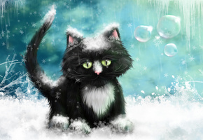 лёд, картина, зима, снег, Кот, морозы, рисунок, сосульки