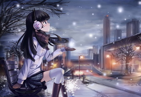 Девушка, gokou ruri, улица, фонари, снег, лавочка