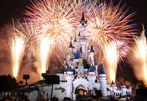 франция, castle, фейерверк, Ночь, диснейленд, замок, париж