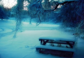 парк, деревья, Зима, скамейка, столик, размытость, снег