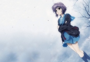 девушка, снег, Suzumiya haruhi no yuutsu, nagato yuki, ветер, зима, холод