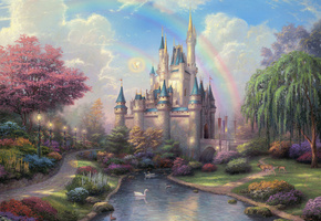 disneyland, cinderella castle, painting, castle, New day at the cinderella castle, thomas kinkade