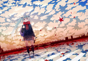 осень, листочки, вокалоид, зонтик, мику, девочка, Аниме