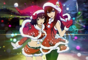время, снегурочки, девушки, фон, xmas, makise kurisu, Аниме