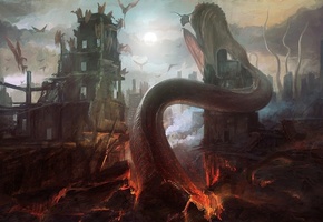 город, руины, фантастика, монстры, разрушение, Арт